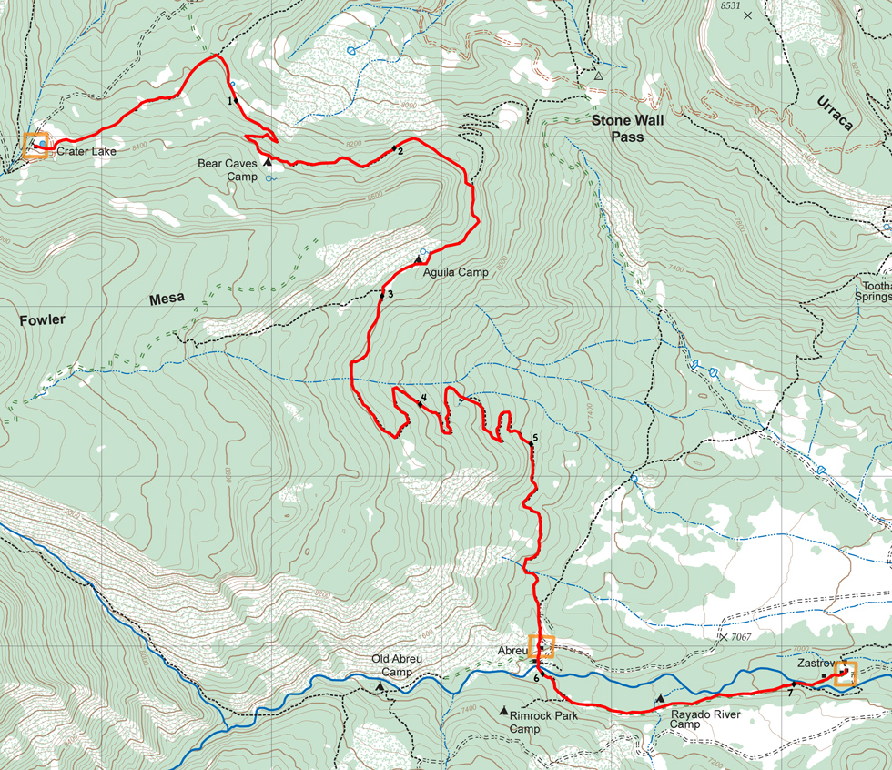 topographic map of route from Crater Lake to Zastrow