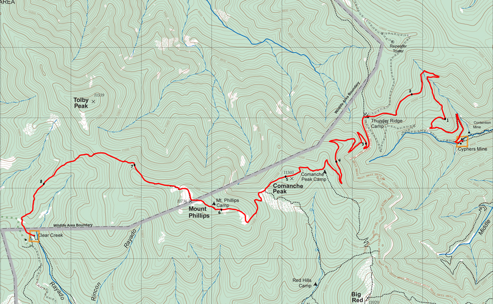 topographic map of route from Cyphers Mine to Clear Creek